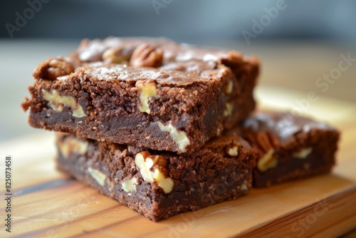 Stack of fresh chocolate pecan brownies on a wooden board