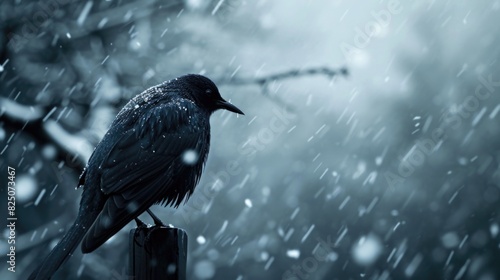 A black bird is sitting on a post in the snow. The image has a moody and somber feel to it, as the bird is alone and the snow is falling heavily. Concept of solitude and isolation
