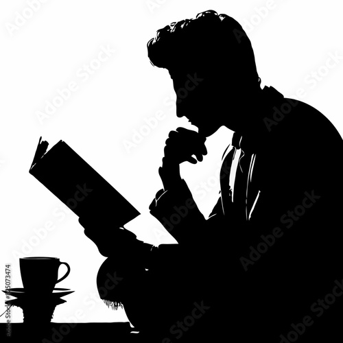 Contemplative Solitude: A Dramatic Silhouette of a Person Reading a Book with a Cup of Coffee, Embracing Atmosphere, Knowledge, and Wisdom