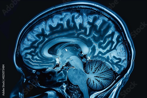 Blue X-ray image of human brain anatomy, 3-D sagittal section (side view, cross section) of the human brain and its parts