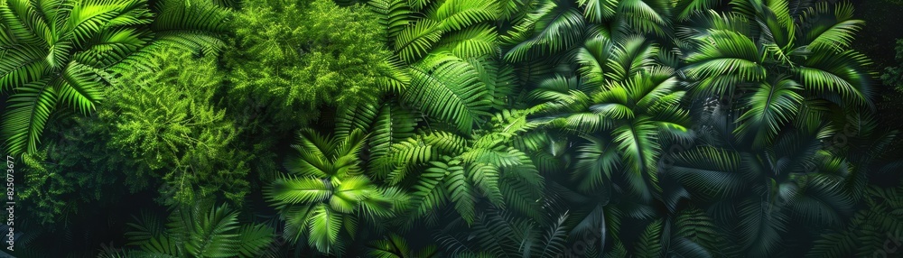 A lush, overhead view of dense green tropical foliage in a vibrant rainforest. Ideal for nature, environment, and adventure themes. A lush, overhead view of dense green tropical foliage in a vibrant rainforest. Ideal for nature, environment, and adventure themes.