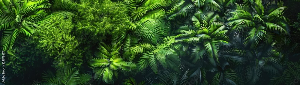 A lush, overhead view of dense green tropical foliage in a vibrant rainforest. Ideal for nature, environment, and adventure themes.