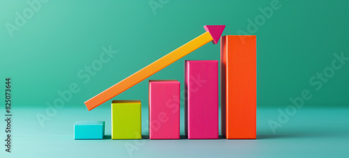 A colorful bar graph with an arrow pointing upwards, representing business growth or development, on a green background © Katsiaryna