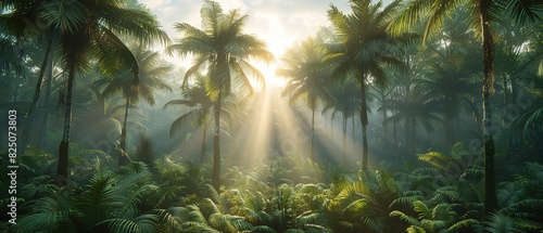 A lush green jungle with a bright sun shining through the trees