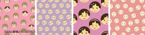 Four repeatable patterns, nice girlish faces. Various endless backgrounds, feminine visage, simple design for branding, fabric.