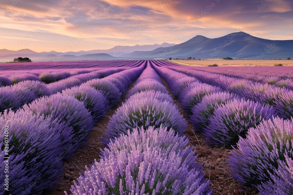 A field of lavender flowers with a beautiful sunset in the background A field of lavender flowers with a beautiful sunset in the background