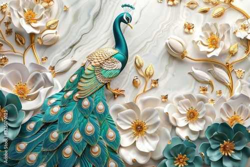 Fototapeta Naklejka Na Ścianę i Meble -  3d mural peacock illustration background with golden jewelry and flowers