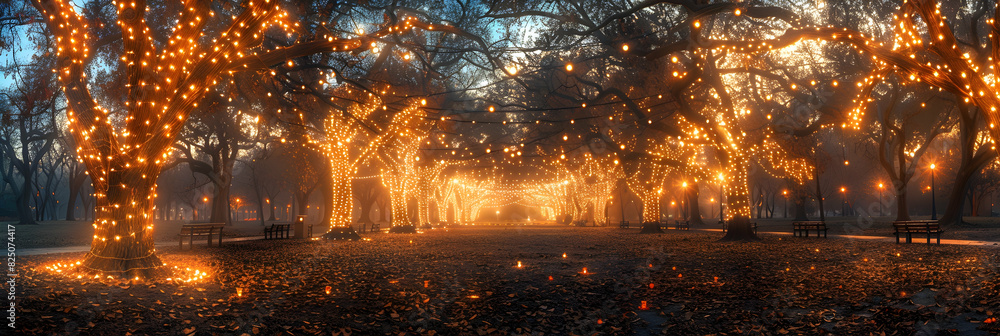 A dawn scene of a city park with trees wrapped in Diwali lights, reflecting the calm and beauty of the morning A dawn scene of a city park with trees wrapped in Diwali lights, reflecting the calm and beauty of the morning