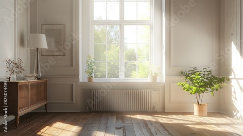 A white open almondshaped countryside style border tube llam radiators  placed on the wall in an empty room with wooden floor and window  sideboard and lamp. 