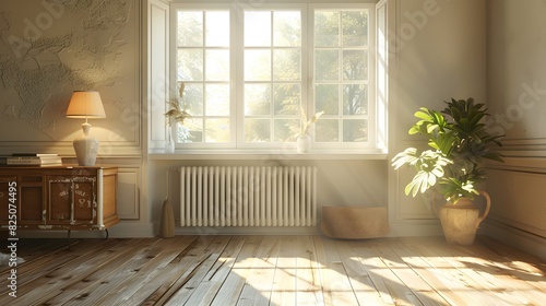 A white open almondshaped countryside style border tube llam radiators, placed on the wall in an empty room with wooden floor and window, sideboard and lamp.
 photo