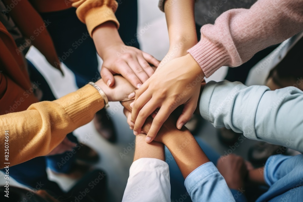 Fototapeta premium A group of people are holding hands in a circle. The people are of different races and genders. Scene is one of unity and togetherness