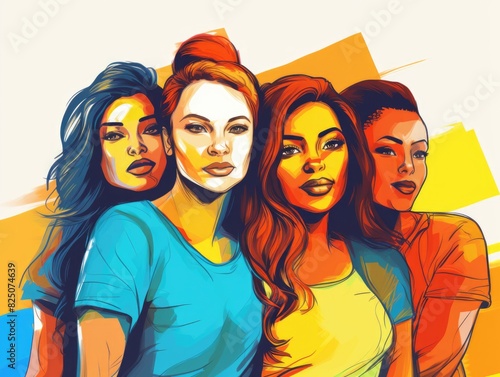 Four women are standing together in a painting. The painting is bright and colorful, with a yellow background. The women are all smiling and seem to be happy. The painting conveys a sense of unity photo