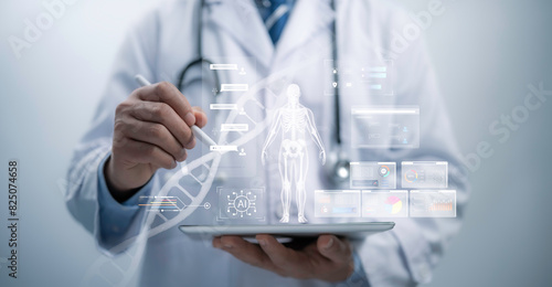 Medical worker touch virtual medical revolution and advance of technology Artificial Intelligence,AI Deep Learning for medical research,Transformation of innovation and technology for future Health photo