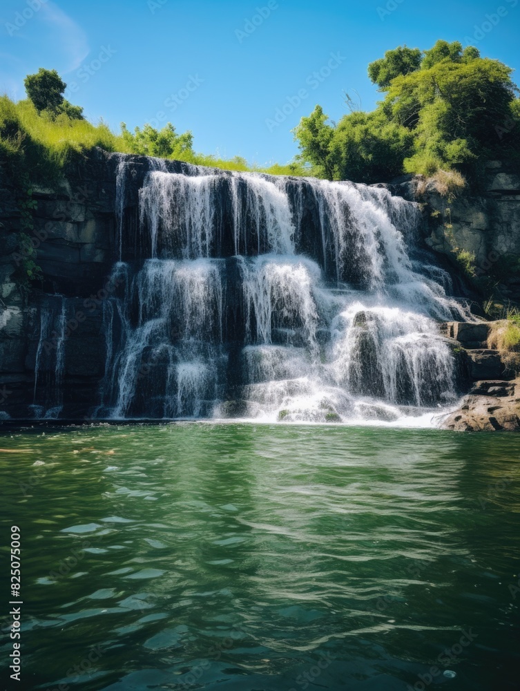 Naklejka premium A waterfall is flowing into a pool of water. The water is green and the sky is blue