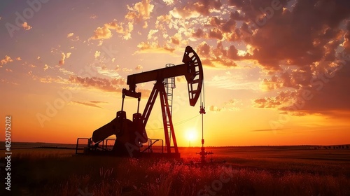 Silhouette of an oil pump at sunset. Realistic image ideal for graphic design and wall art projects.
