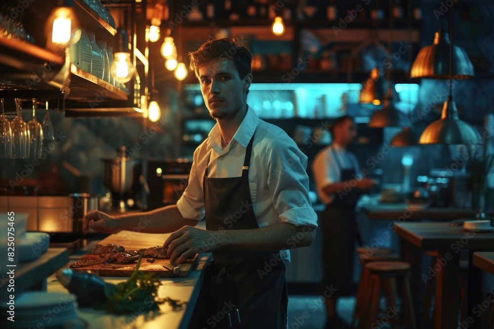 A man in a white apron stands in a kitchen preparing food. There are several other people in the background, and the room is dimly lit. The atmosphere is cozy and inviting