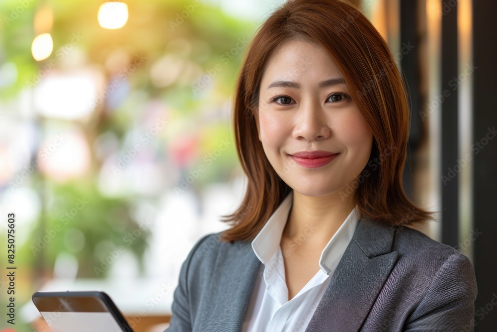 A woman in a business suit is smiling and holding a tablet. Concept of professionalism and confidence A woman in a business suit is smiling and holding a tablet. Concept of professionalism and confidence