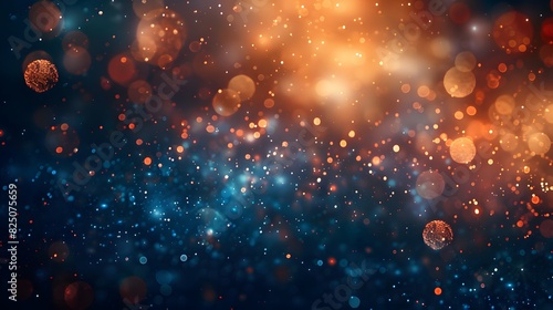 Abstract bokeh lights on a dark background  with orange and blue colors. Shiny glowing particles with a blurred defocused effect. 