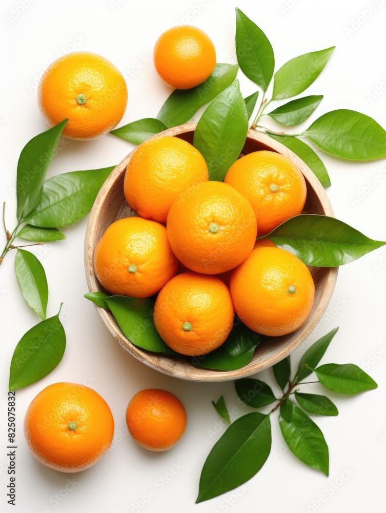 A bowl of oranges with green leaves surrounding them. The oranges are in various stages of ripeness, with some still unripe and others already ripe. The bowl is placed on a white background A bowl of oranges with green leaves surrounding them. The oranges are in various stages of ripeness, with some still unripe and others already ripe. The bowl is placed on a white background