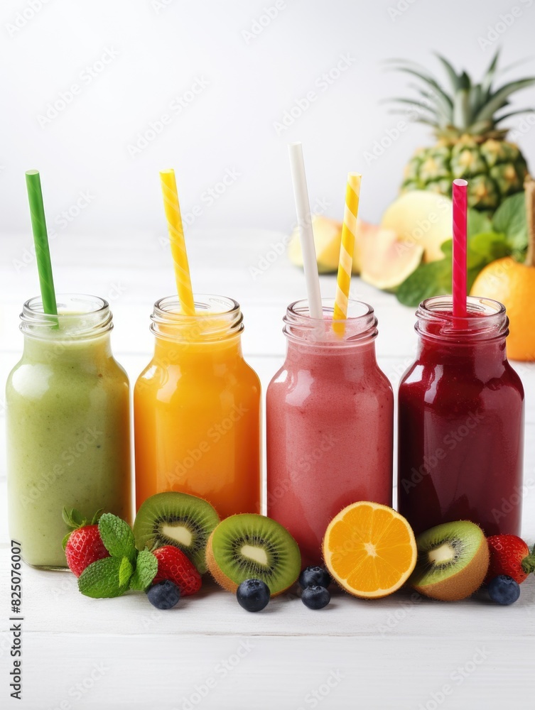 A row of colorful smoothies with straws in them and fruit on the table. The smoothies are in different colors and the fruit is also in different colors A row of colorful smoothies with straws in them and fruit on the table. The smoothies are in different colors and the fruit is also in different colors