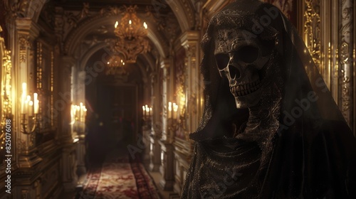Hooded Skeleton in Ornate Gothic Hallway
 photo