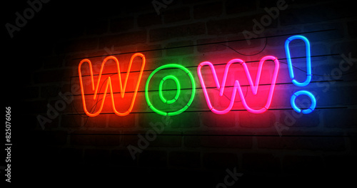 Wow neon light 3d illustration