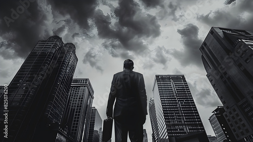 Urban Businessman at Crossroads Facing Critical Decision Point Amidst Skyscrapers Symbolizing Professional and Moral Dilemma in High-Contrast Grayscale Setting photo