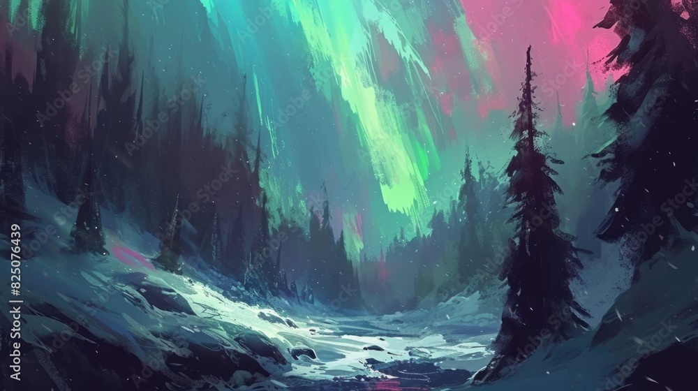A painting of a forest with a river and a sky full of auroras. The mood of the painting is serene and peaceful