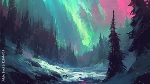 A painting of a forest with a river and a sky full of auroras. The mood of the painting is serene and peaceful photo