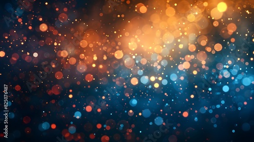 Abstract bokeh lights on a dark background, with orange and blue colors. Shiny glowing particles with a blurred defocused effect. 