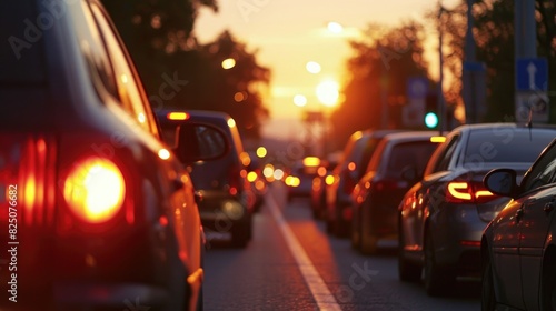 A busy street with cars and a sunset in the background. The cars are stopped at a red light