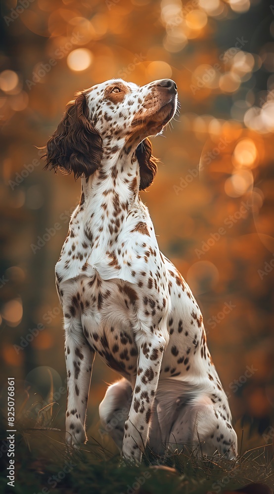 A beautiful English dog with white and brown spots sits on the ground, looking up at something in front, with autumn leaves around it. A beautiful English dog with white and brown spots sits on the ground, looking up at something in front, with autumn leaves around it.