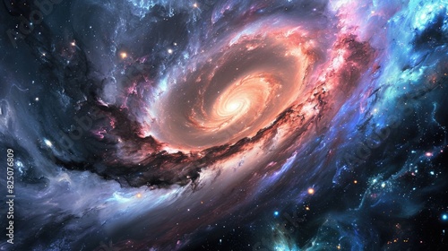 A spiral galaxy with a bright orange center. The galaxy is filled with stars and clouds of gas. The colors of the galaxy are vibrant and the scene is peaceful and serene