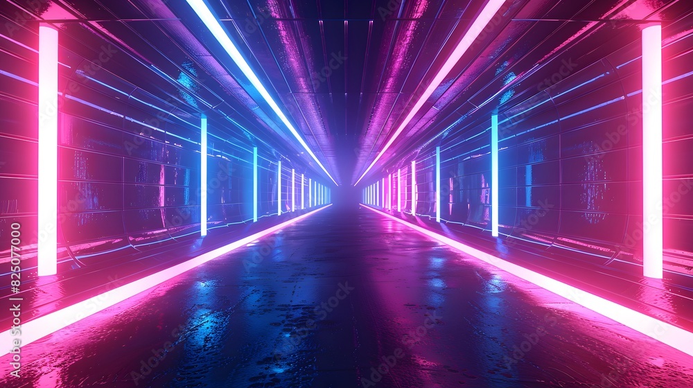 Abstract futuristic background with neon lights in a tunnel or corridor in a dark room. Glowing blue and pink lines on the wall create a virtual reality space concept.
Abstract futuristic background with neon lights in a tunnel or corridor in a dark room. Glowing blue and pink lines on the wall create a virtual reality space concept.
