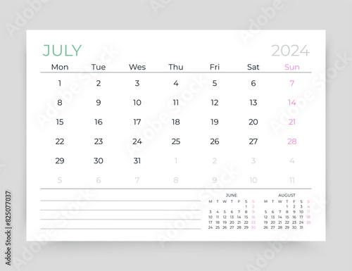 Calendar for July 2024 year. Planner calender template. Week starts Monday. Monthly organizer. Table schedule layout. Timetable grid. Desk corporate diary. Vector simple illustration. Paper size A5