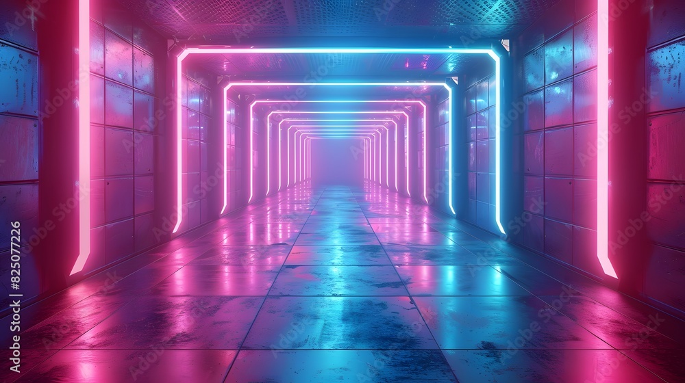 Naklejka premium Abstract futuristic background with neon lights in a tunnel or corridor in a dark room. Glowing blue and pink lines on the wall create a virtual reality space concept. 
