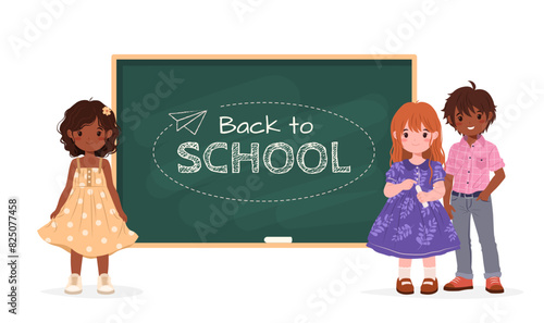 Group of school or preschool children standing in front of a green chalkboard. Multiracial kids in casual clothes, funny boy and girls. Flat cute illustration for Back to School, educational designs. 