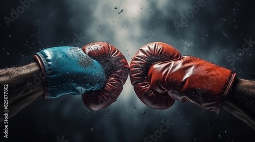 Dramatic clash  red and blue boxing gloves in intense close up on misty isolated background © sorin