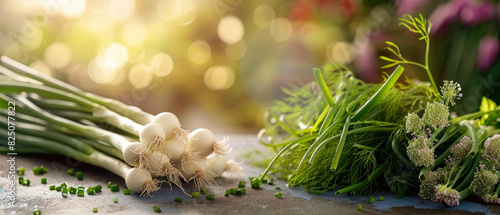 Bunch of spring onions with fresh herbs on a table photo