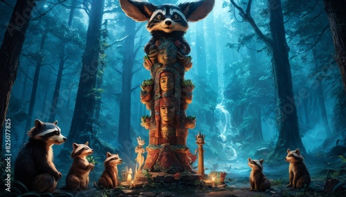 Raccoons gather in awe around a mystical totem in a foggy  ethereal woodland  a scene charged with magic and the unknown.