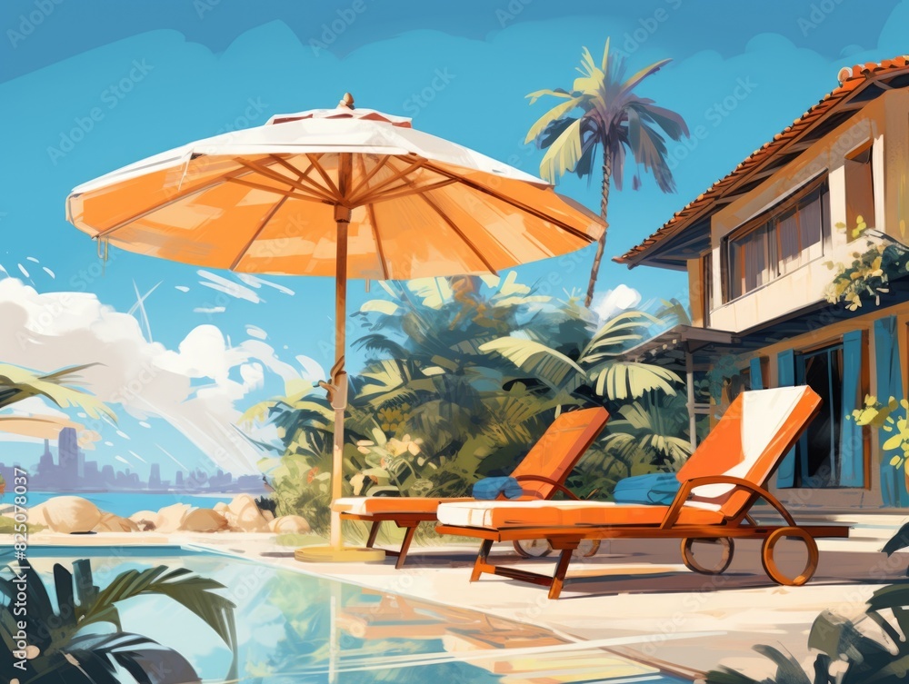 A painting of a beach scene with a large umbrella and two lounge chairs. The mood of the painting is relaxed and peaceful