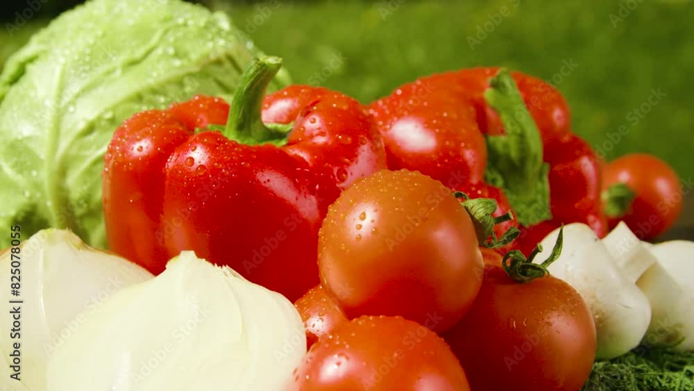 Close-up of tomatoes, peppers, mushrooms, cabbage, a halved onion and dill on a wooden table sprinkled with water in the sunlight. Different types of vegetables sprinkled with water . Circular filming Close-up of tomatoes, peppers, mushrooms, cabbage, a halved onion and dill on a wooden table sprinkled with water in the sunlight. Different types of vegetables sprinkled with water . Circular filming