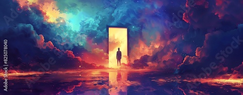 A man stands on the horizon, an open door leads to another world with colorful clouds and a sea of fire, in the style of digital art.