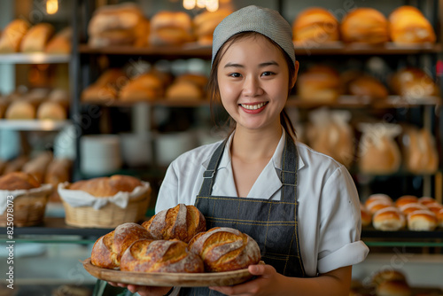 Asian baker holding bakery tray happy small bakery shop concept