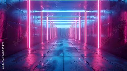 Fototapeta Naklejka Na Ścianę i Meble -  Abstract futuristic background with neon lights in a tunnel or corridor in a dark room. Glowing blue and pink lines on the wall create a virtual reality space concept. 
