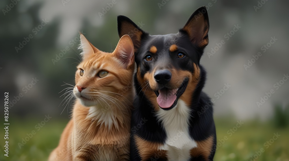 Portrait of Happy dog and cat that looking at the camera together.generative.ai Portrait of Happy dog and cat that looking at the camera together.generative.ai