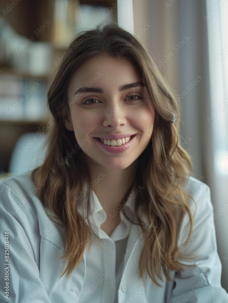 A woman with long brown hair is smiling and wearing a white shirt. She is sitting in front of a bookshelf A woman with long brown hair is smiling and wearing a white shirt. She is sitting in front of a bookshelf