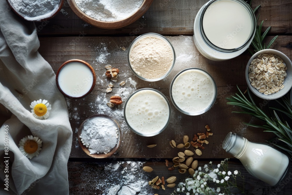 A table with various food items and a bottle of milk. The table is covered with flour, sugar, and other ingredients A table with various food items and a bottle of milk. The table is covered with flour, sugar, and other ingredients