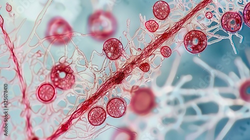 Detailed microscopic view of blood cells and interstitial fluid photo