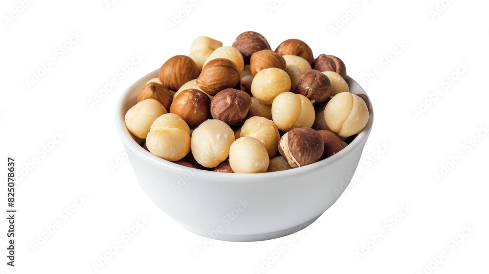 A white bowl filled with assorted nuts sits atop a clean white table, creating a simple and elegant display A white bowl filled with assorted nuts sits atop a clean white table, creating a simple and elegant display